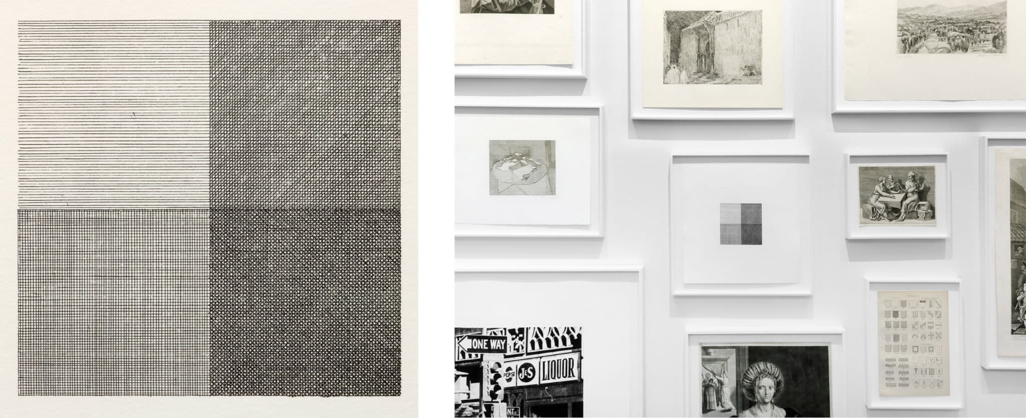 (Left) Sol LeWitt, Lines in Four Directions, Superimposed in each quarter of the square progressively (Black)