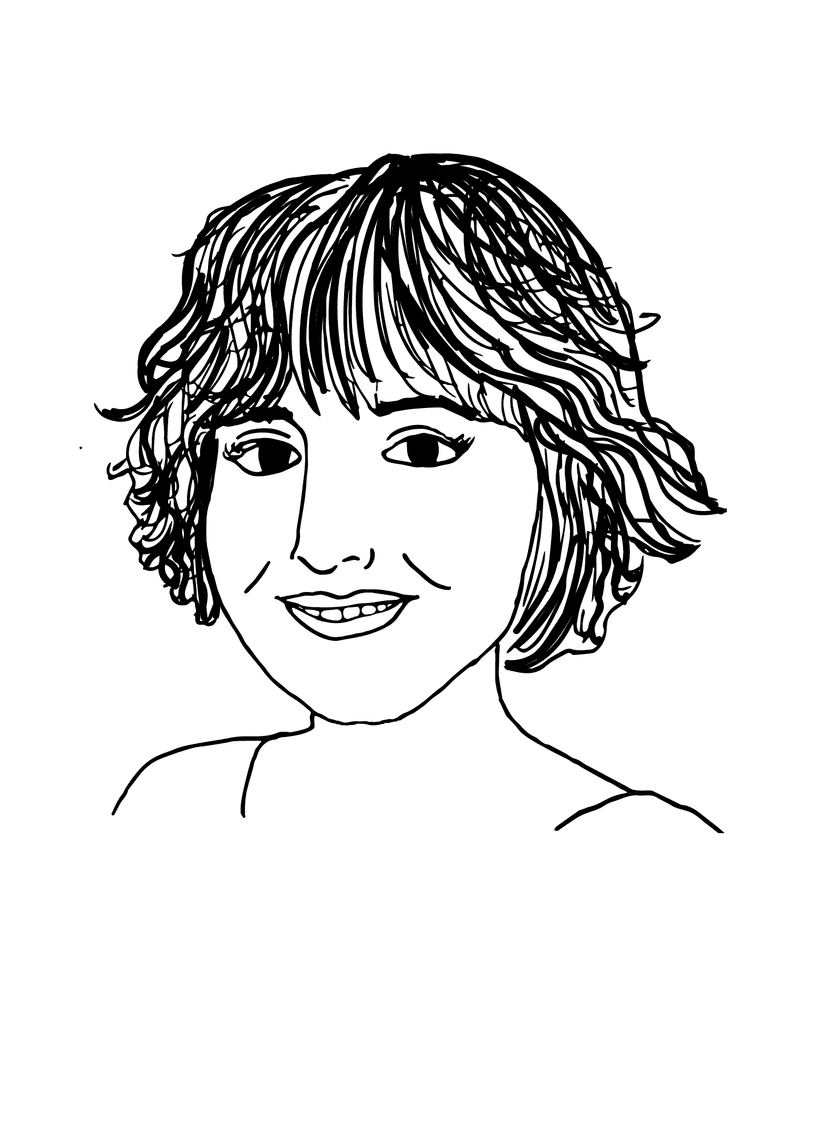 A black and white drawing of Jessica Shearer, a woman with a bob, smiling at the viewer with her head slightly turned left.